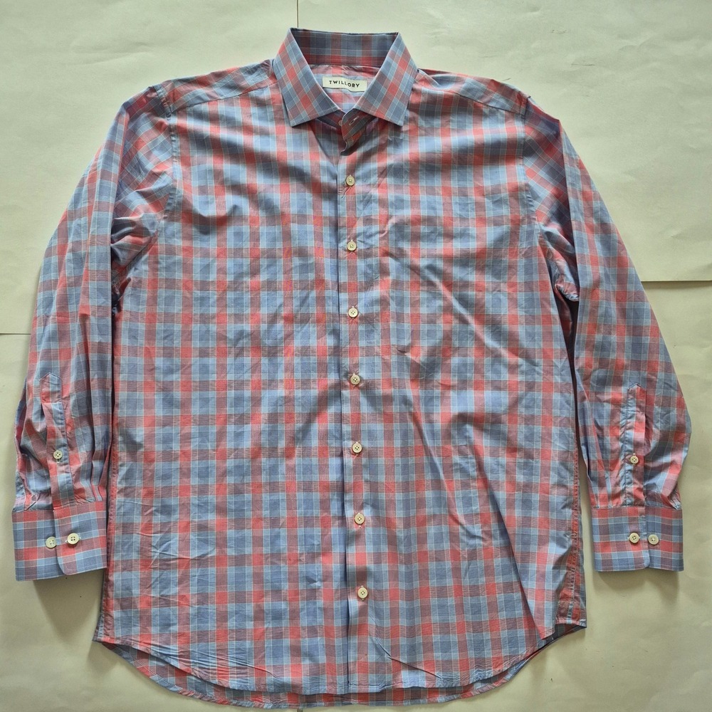 Twillory Mens Tailored Fit Dress Shirt 17 32/33 Blue Red Plaid Long Sleeve